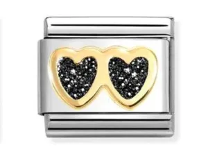 CLASSIC GLITTER, STEEL, ENAMEL, 18K GOLD DOUBLE HEART BLACK